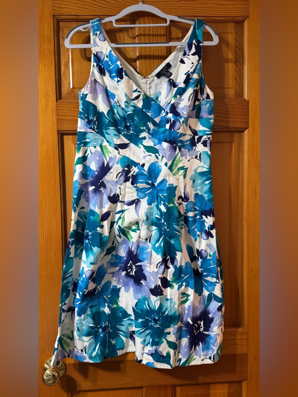 Chaps Blue White Floral A-Line Dress Size 10